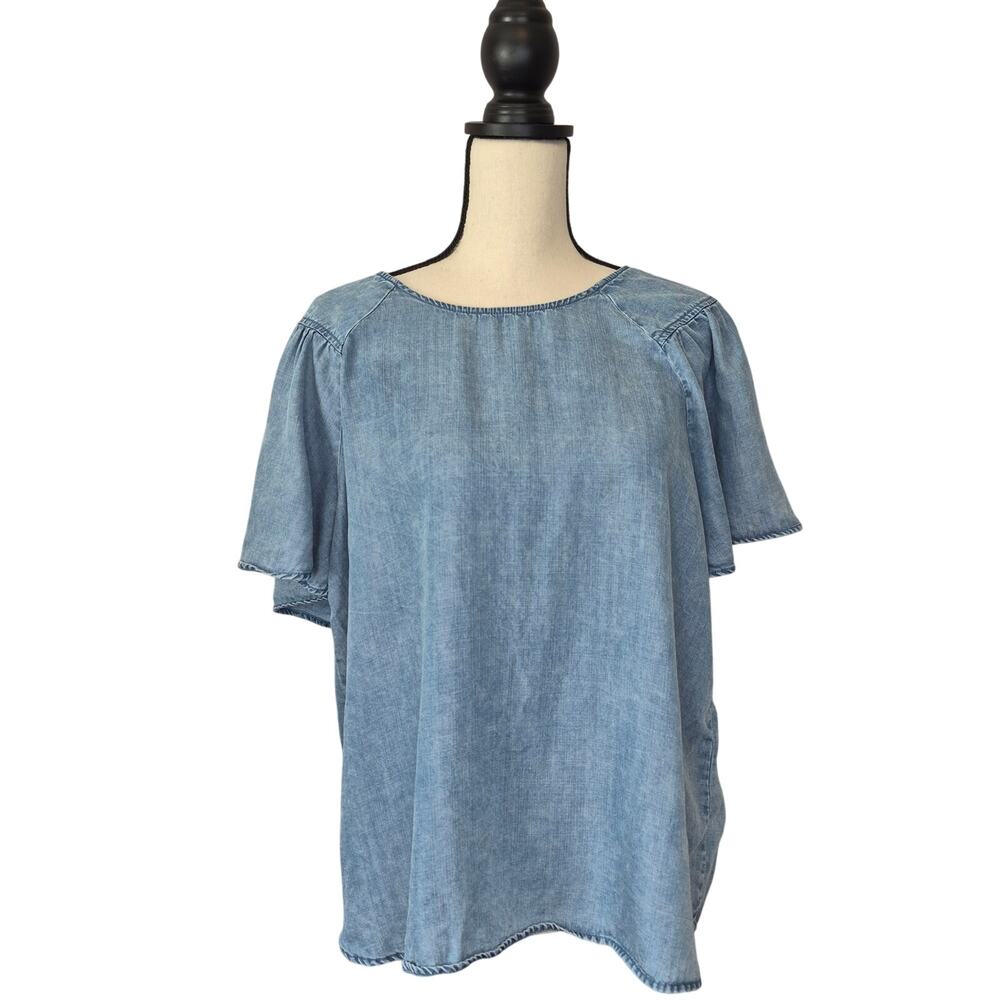 Jane + Delancey  Top Blue Chambray Short Flutter Sleeve Light Wash Women's Sz L